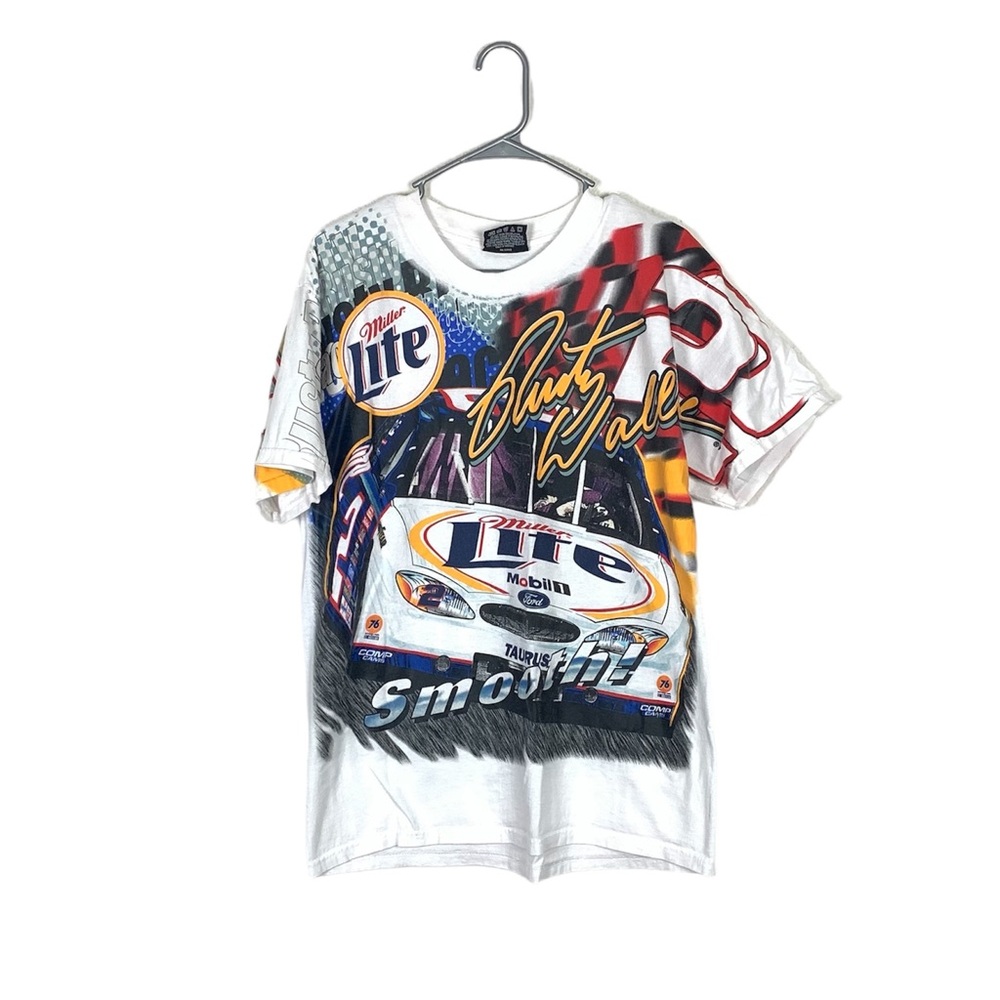 VINTAGE NASCAR RUSTY WALLACE AOP 90S LIGHTNING TSHIRT logo size medium nascar